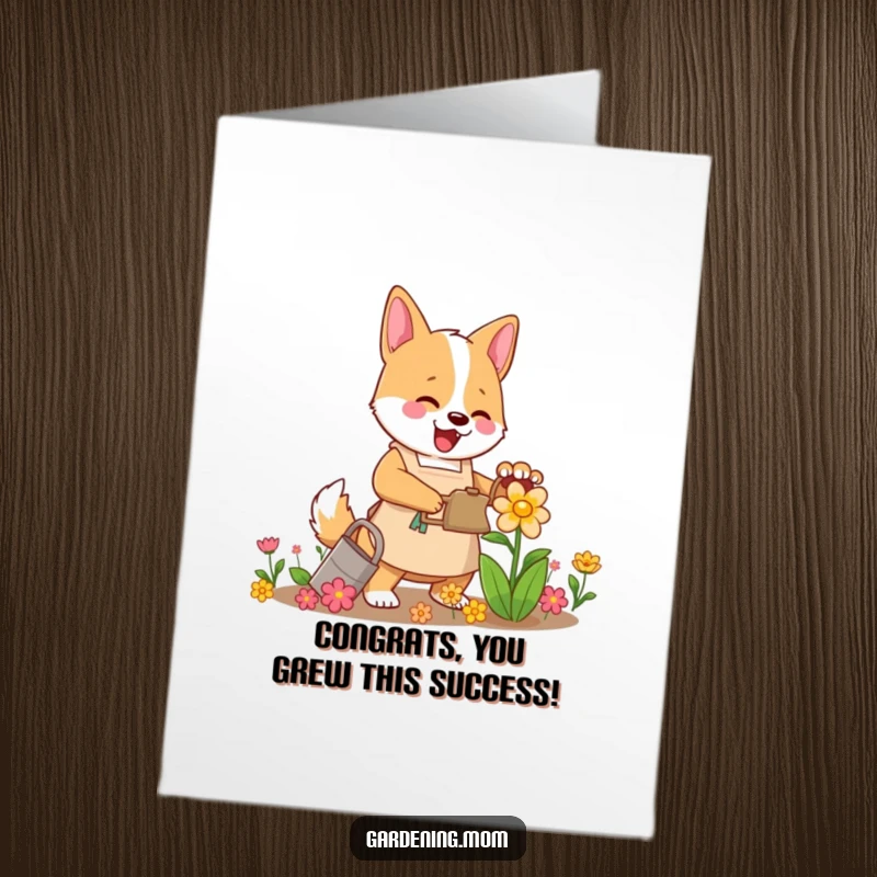 Funny Free Printable mama dog congratulations card showing a dog in an apron watering a bright flower.