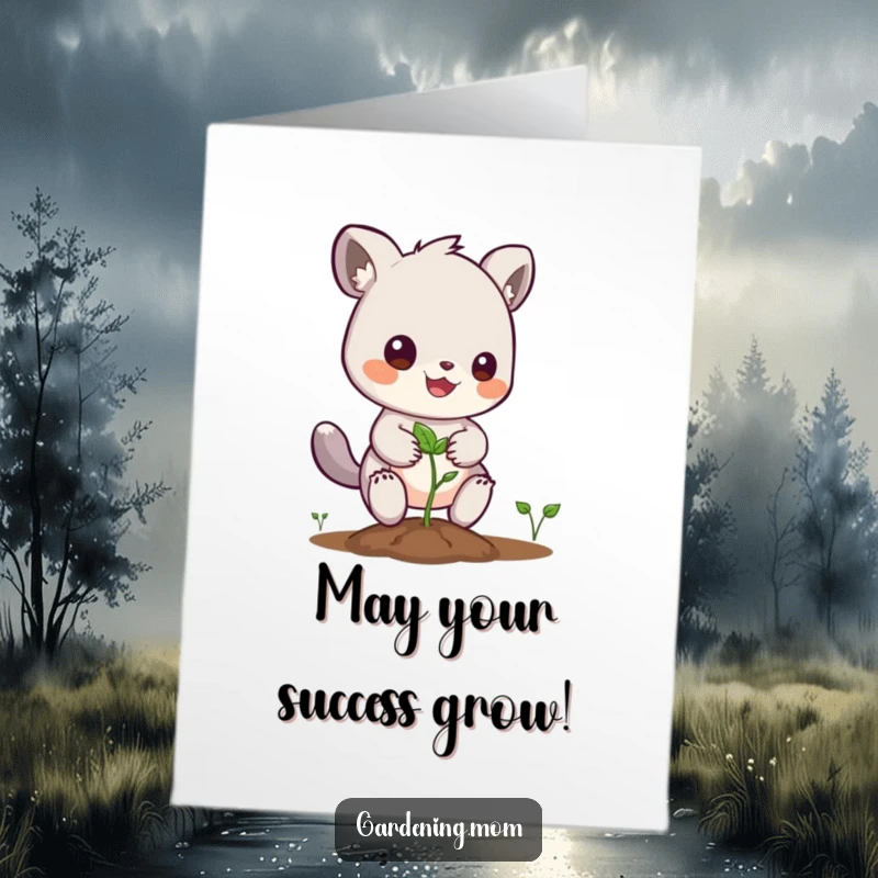 Funny free printable congratulations card with an animal character happily planting a seed, signifying growth and potential.
