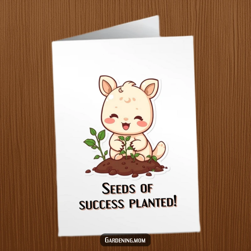 Funny Free Printable Congrats Card: Happy animal character planting seeds, symbolizing new growth and opportunities.