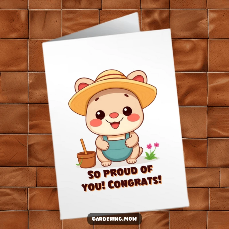 Funny Free Printable Congrats Card: Kawaii animal in a straw hat, grinning proudly, celebrating accomplishments.