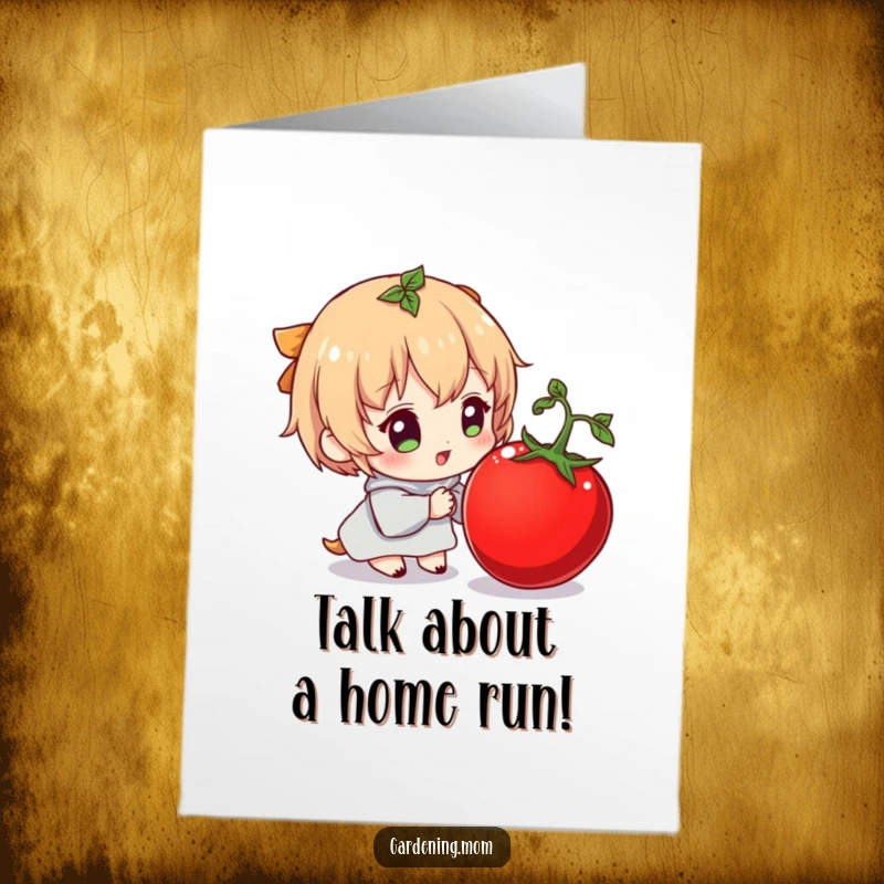 Funny Free Printable Congratulations Card: A character happily gazes at a plumb tomato, celebrating an amazing accomplishment.