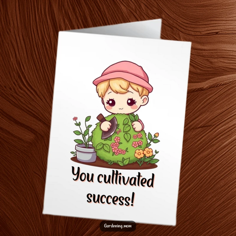 Free Printable Congrats Card: Kawaii gardener carefully pruning a bush, symbolizing nurtured success and focused effort.