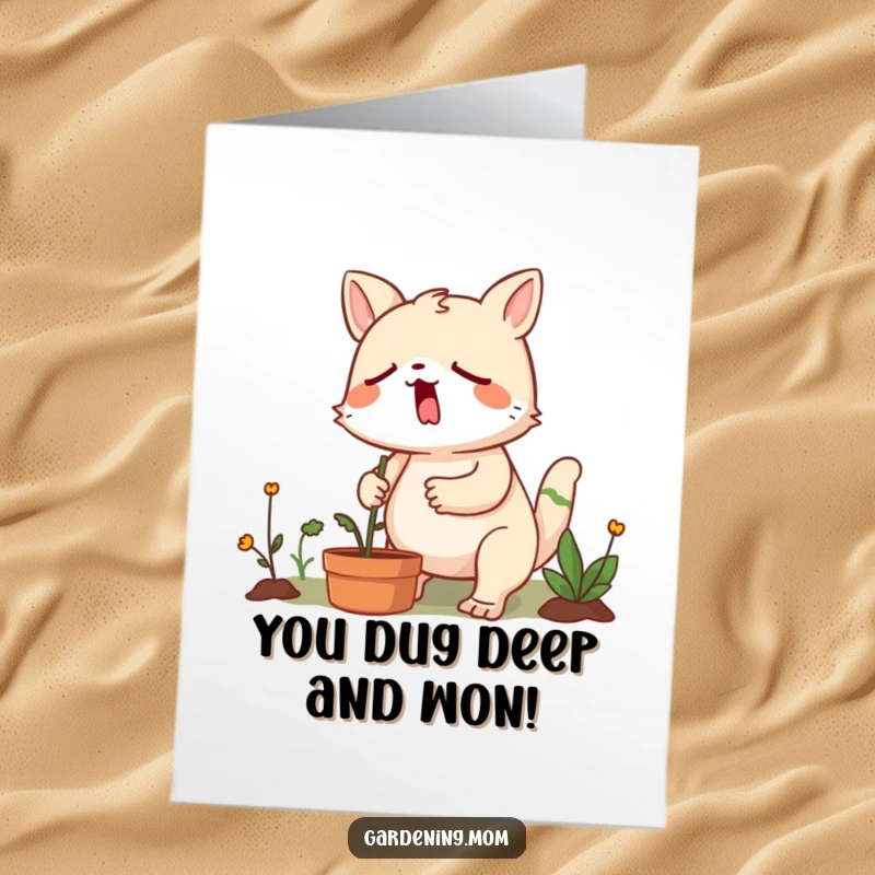 Funny Free Printable Congratulations Card: A gardening animal character yawns with determination while successfully weeding, celebrating a hard-won achievement.