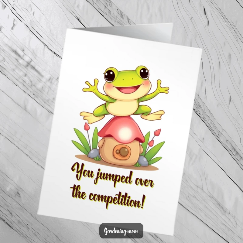Funny Free Printable Congratulations Card: Excited frog soaring over a garden gnome with a massive grin, cheering for your victory.