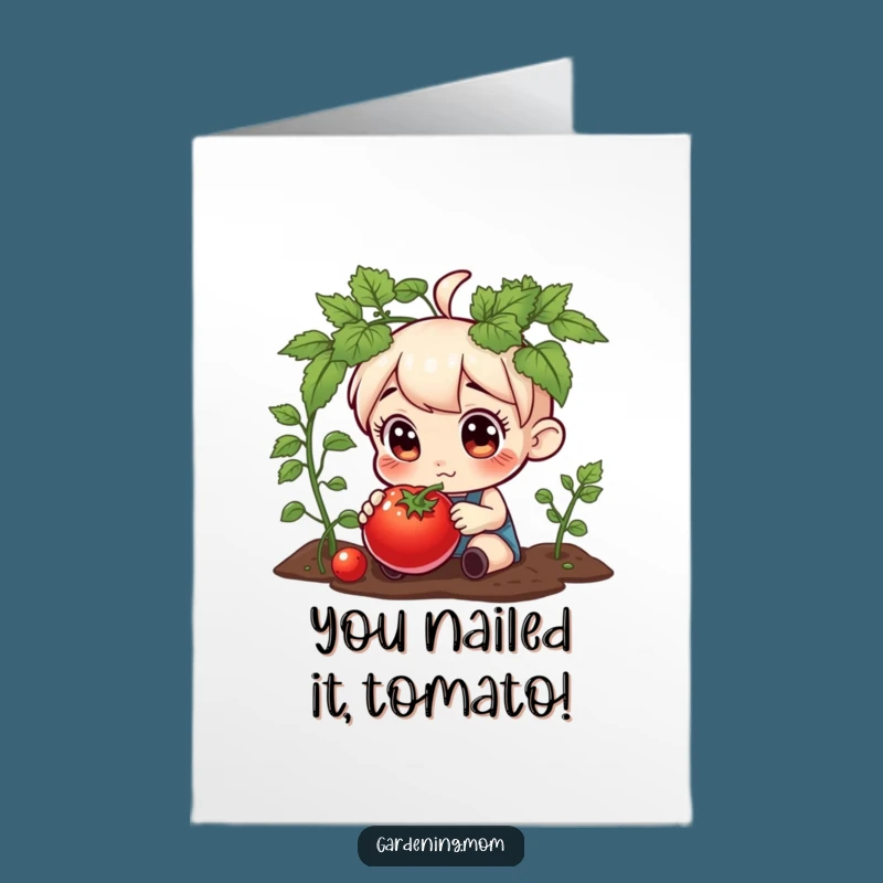 Free Printable Congrats Card: Gardener Admires Tomato, Celebrate Big Wins!