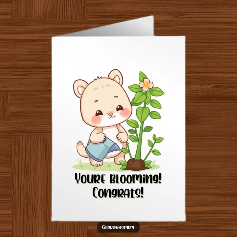 Funny free printable congratulations card: Mom animal character watering a flourishing plant, symbolizing success and growth.