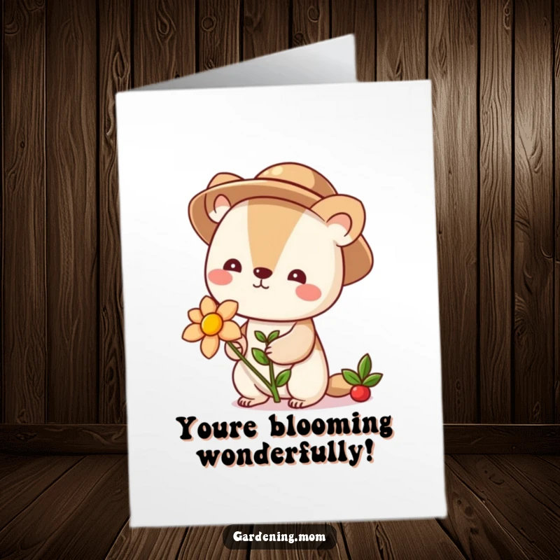 Funny Free Printable Congratulations Card with a cute animal gardener holding a beautiful blooming flower.