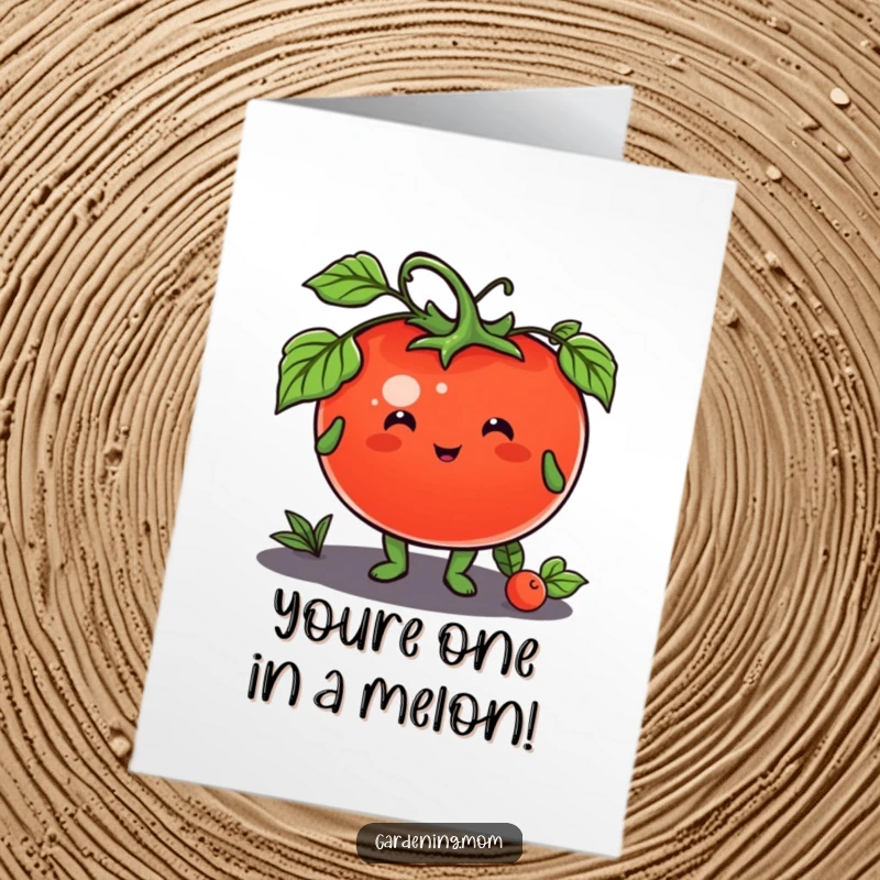 Funny free printable congratulations card with an animal character smiling and presenting a plump, delicious tomato, symbolizing good fortune.