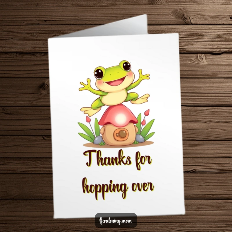 Funny Free Printable Thank You Card: A smiling frog leaping over a garden gnome, delivering a cheerful thank you message.