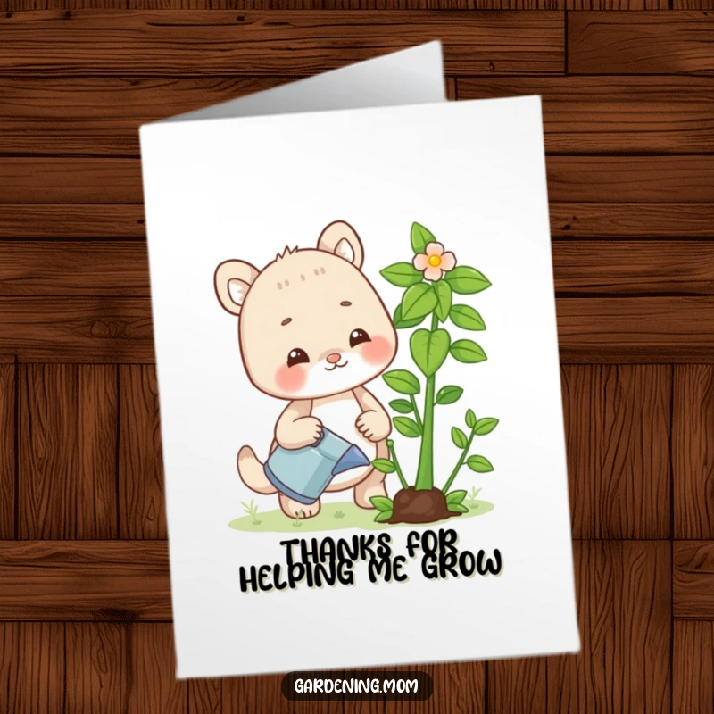 Funny free printable thank you card: Mom animal character watering a vibrant plant, representing nurturing and thanks.