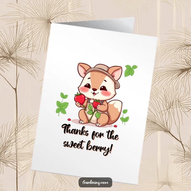 Funny Free Printable Thank You Card: Gardening mom animal offering a fresh berry, expressing heartfelt thanks, perfect DIY gift.