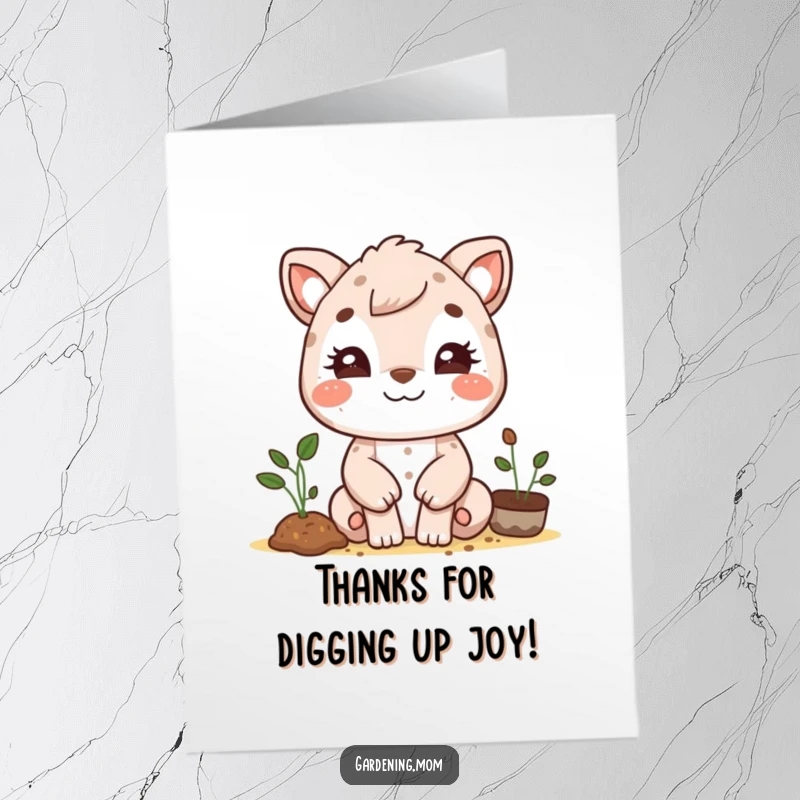 Funny Free Printable Thank You Card: Smiling gardening mom animal with dirt smudges, expressing thanks, perfect DIY gift.