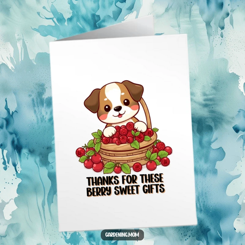 Funny Free Printable Thank You Card: A dog joyfully harvests a full basket of delicious, red berries.