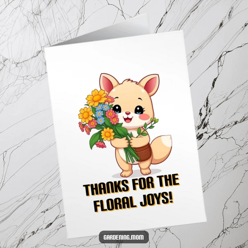 Funny Free Printable Thank You Card: a happy gardening animal proudly presents a vibrant bouquet of flowers, conveying thanks.