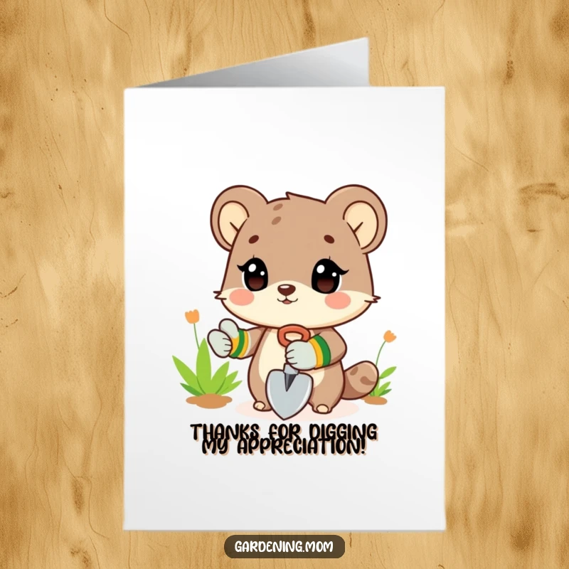 Funny Free Printable Thank You Card: Animal Gardener in Gloves Holding a Small Shovel, Ready to Grow Thanks