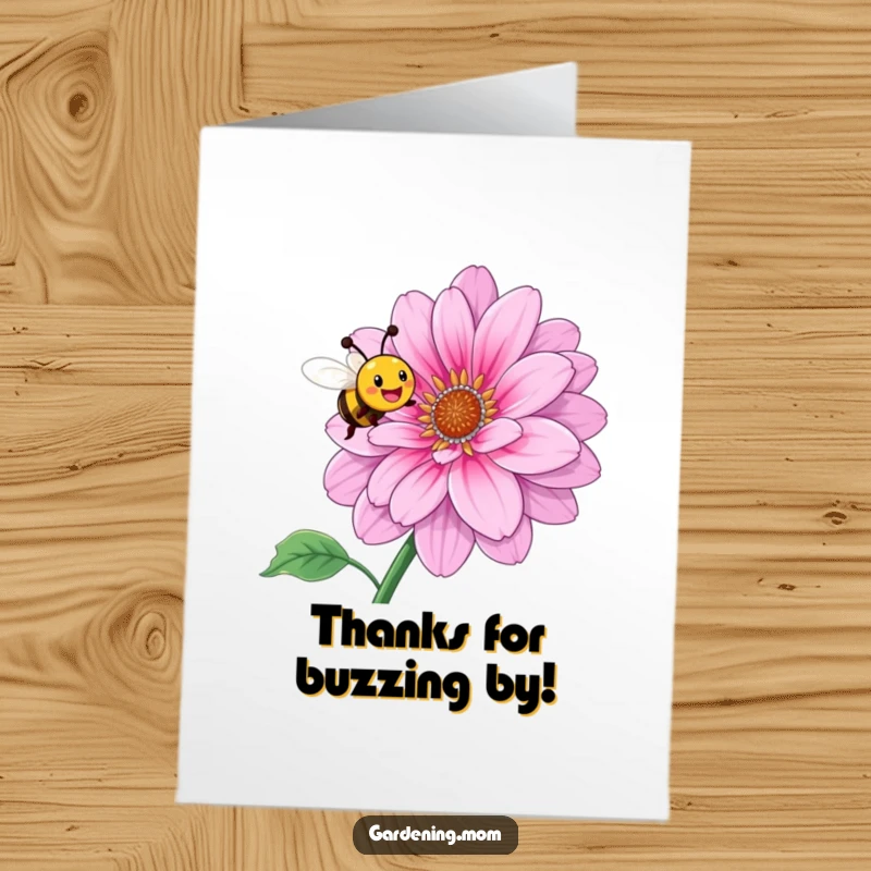 Funny Free Printable Thank You Card: A smiling bee buzzes around a bright, blooming flower, conveying heartfelt thanks with joy.
