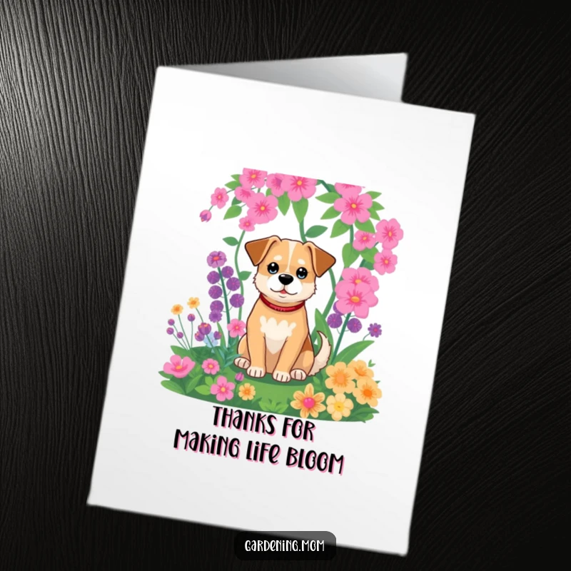 Funny Free Printable Thank You Card: A dog sits contentedly amidst a vibrant, green garden, feeling grateful.