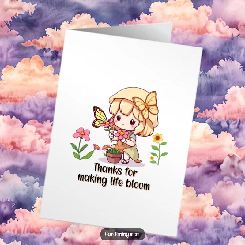 Funny Free Printable Thank You Card: Cute Kawaii gardener joyfully admires a butterfly on a flower, conveying sincere appreciation and thanks.