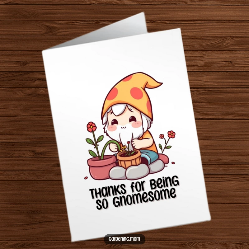 Funny Free Printable Thank You Card: Diligent Kawaii gardener carefully shapes a garden gnome, conveying sincere thanks for creative endeavors.