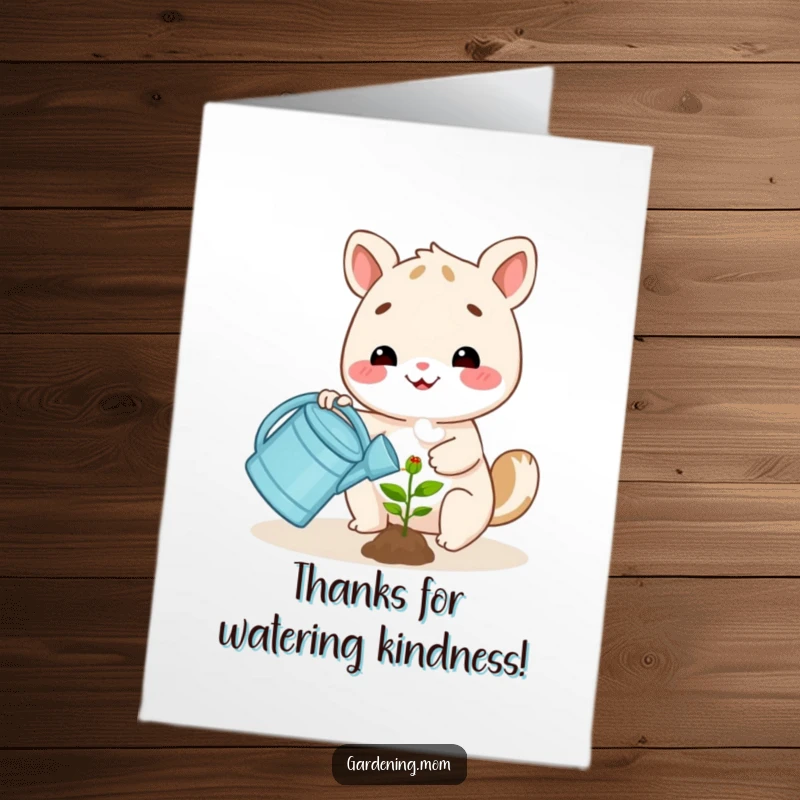 Funny Free Printable Thank You Card with a happy animal character using a watering can on a small plant.