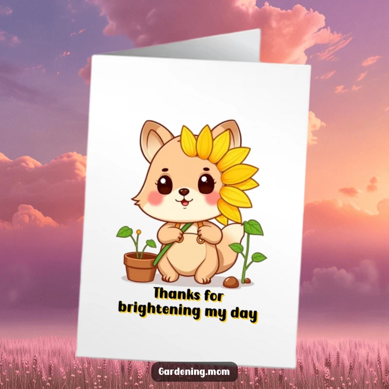 Funny Free Printable Thank You Card: A proud animal gardener enthusiastically displays a huge, vibrant sunflower, symbolizing heartfelt gratitude.