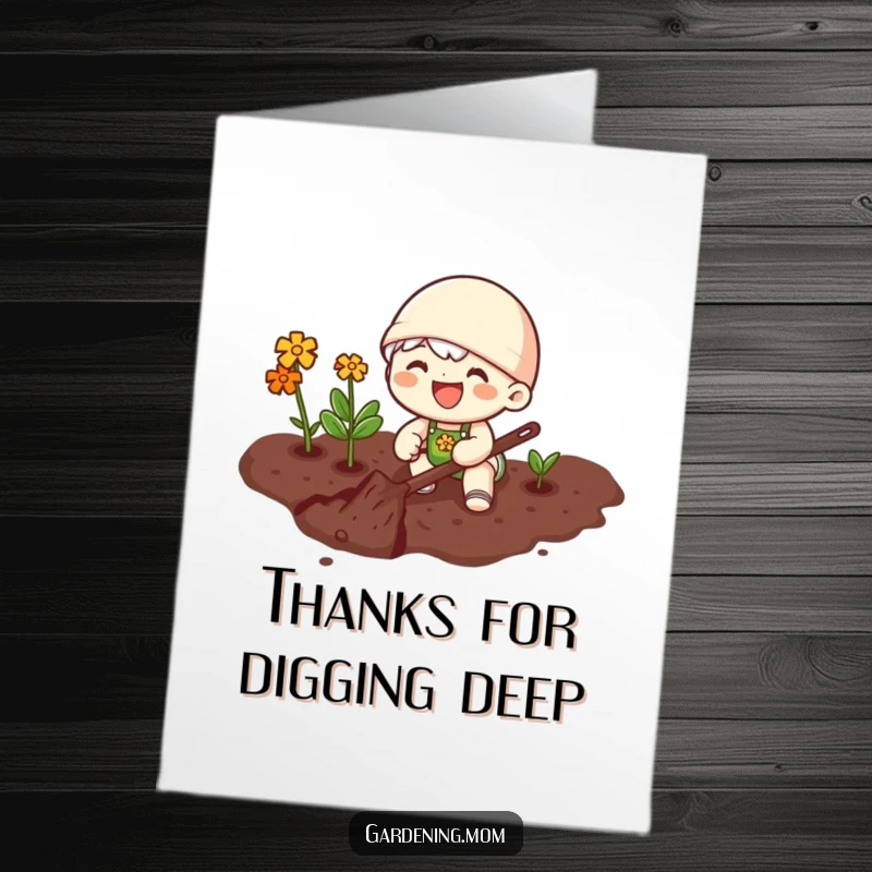 Funny Free Printable Thank You Card: A joyful gardener is happily digging in rich soil, showing dedication.