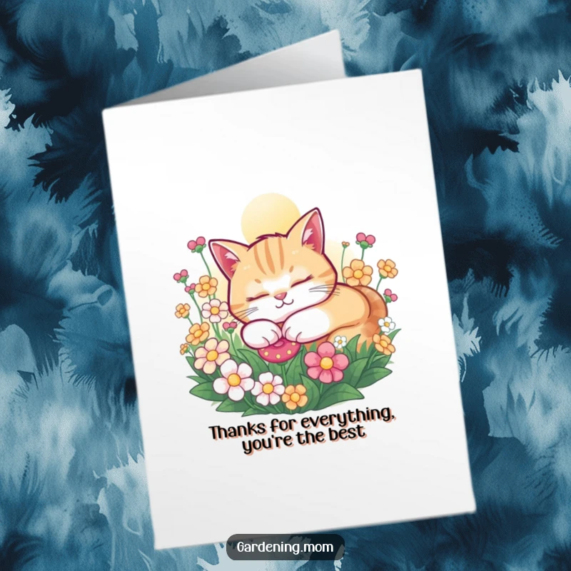 Funny Free Printable Thank You Card: A serene cat snoozing in a sunny flower patch, conveying peaceful gratitude.