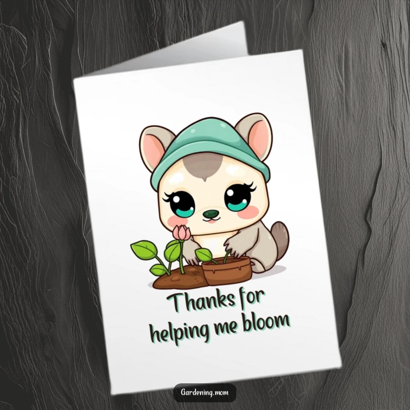 Funny Free Printable Thank You Card: Wide-eyed Kawaii gardener marveling at a sprouting flower, expressing gratitude.