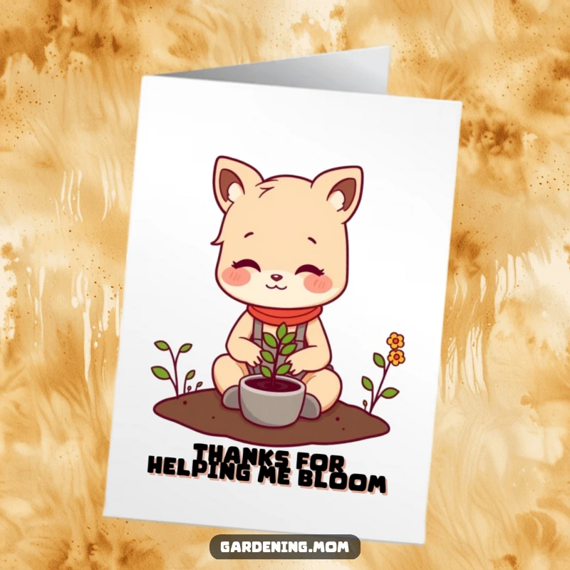 Funny free printable thank you card: Mom animal character planting a small seedling, expressing gratitude and growth.