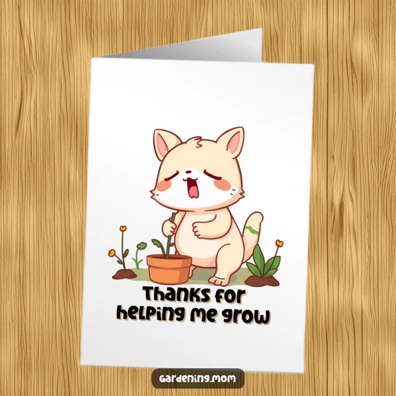 Funny Free Printable Thank You Card: A gardening animal character yawns but keeps weeding with sheer determination, showing appreciation for effort.