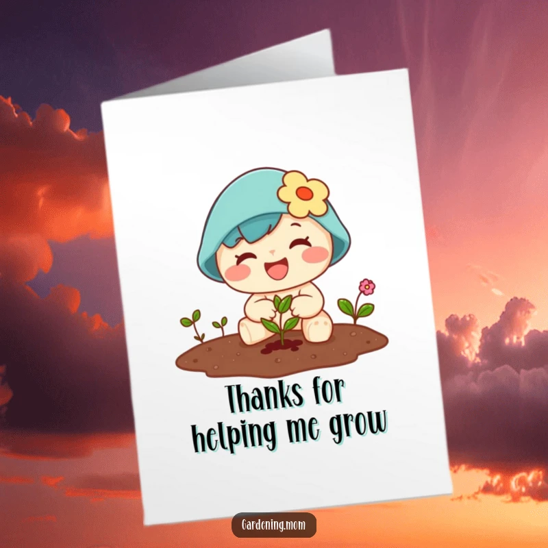 Funny Free Printable Thank You Card: A smiling kawaii gardener carefully plants a tiny seed, expressing thanks with a happy gesture.