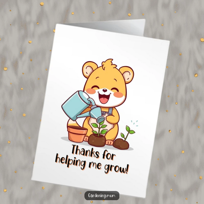Funny Free Printable Thank You Card showing a delighted gardener animal watering a small sprout, expressing heartfelt thanks.