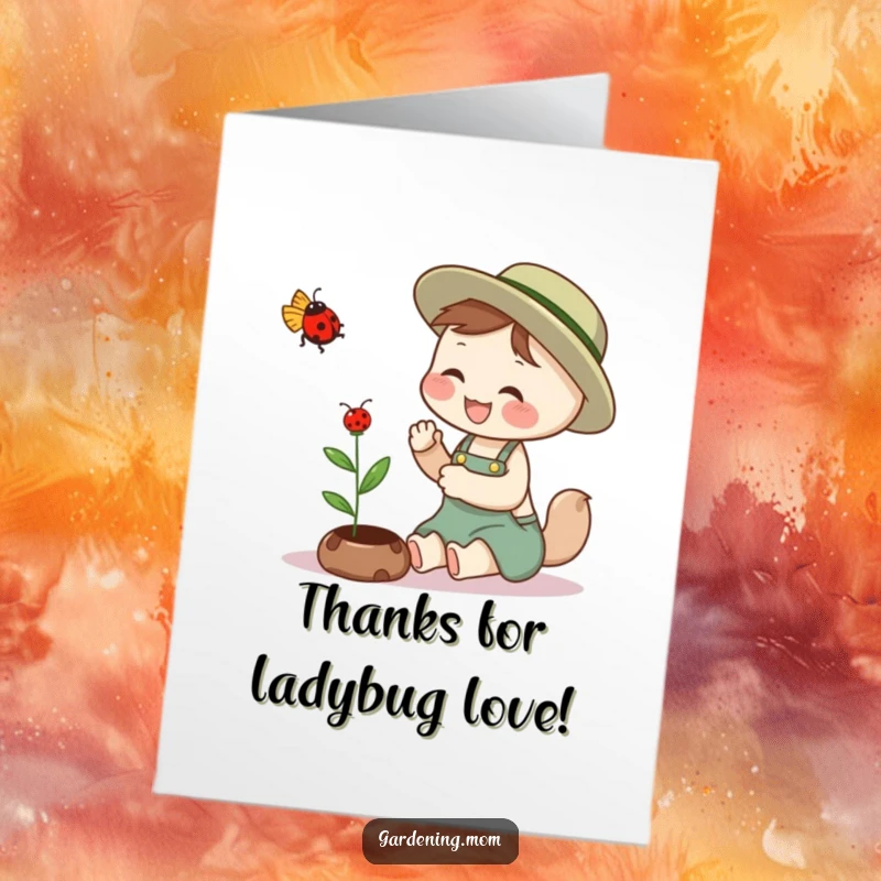 Funny Free Printable Thank You Card: Giggling gardening mom animal petting a ladybug, expressing thanks, perfect DIY gift.