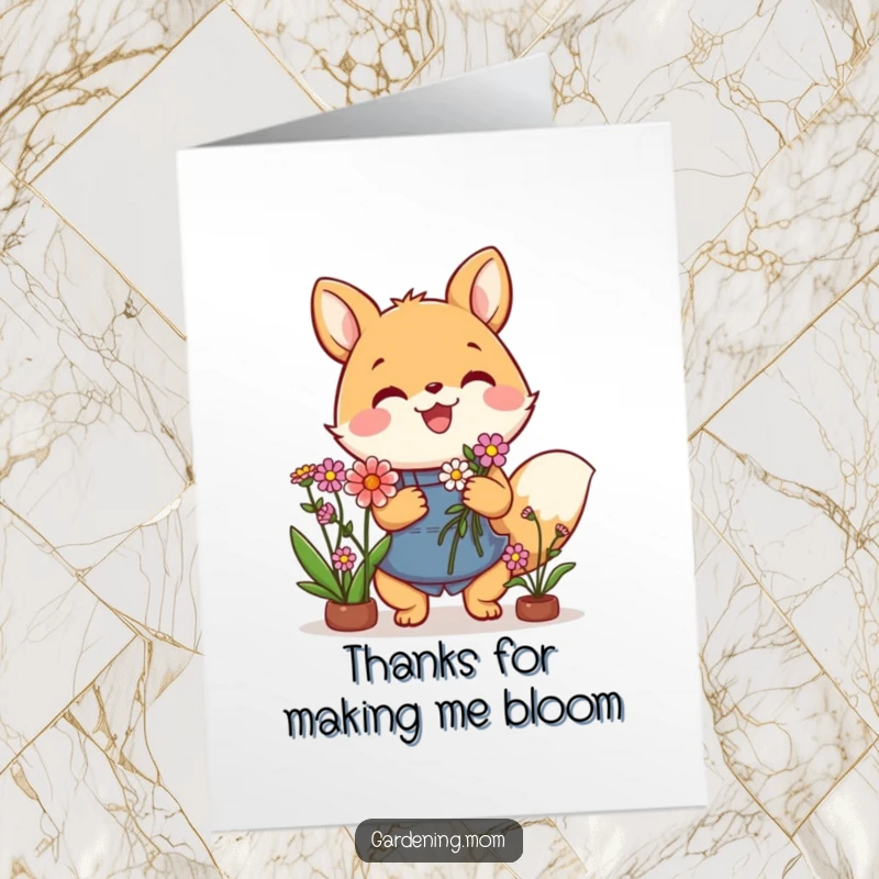 Funny free printable thank you card depicting a smiling animal character offering a lush bouquet of flowers, expressing sincere thanks.