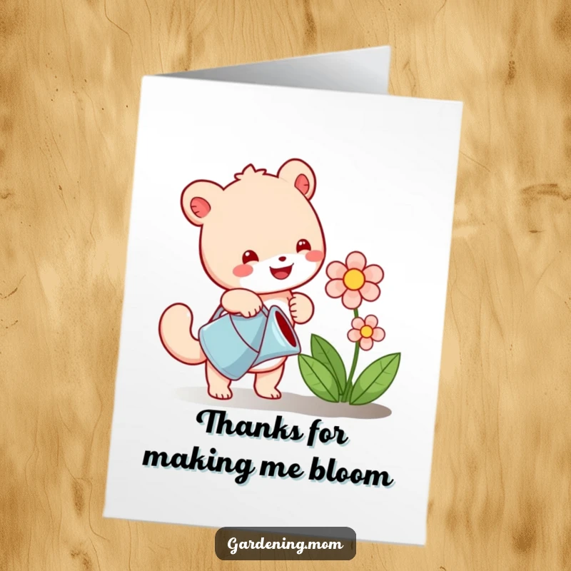 Funny Free Printable Thank You Card: Adorable animal character watering a beautiful flower, showing heartfelt thanks.