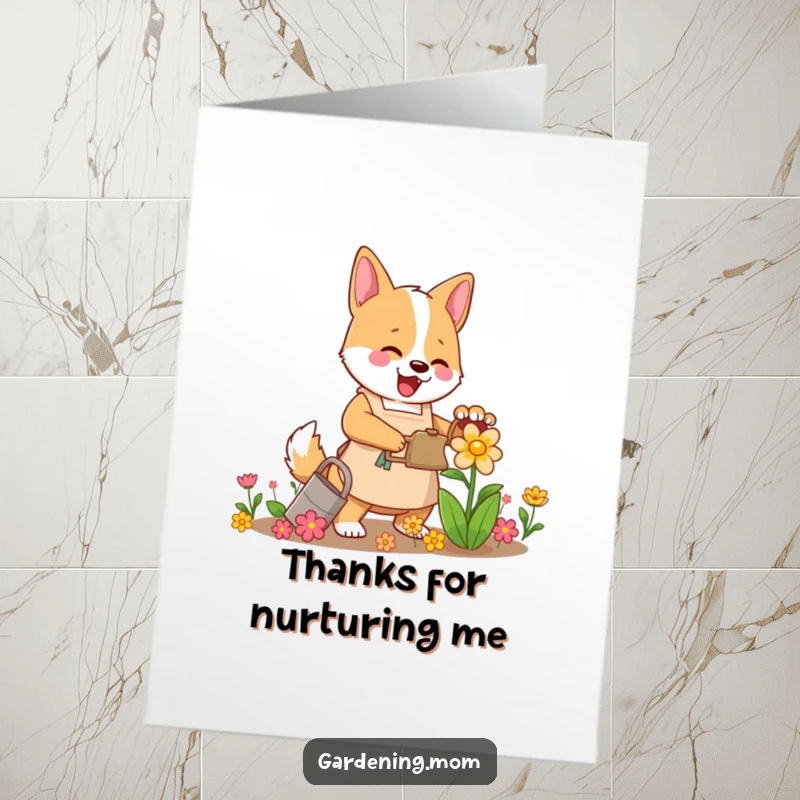 Funny Free Printable mama dog thank you card of a dog in an apron watering a vibrant flower.