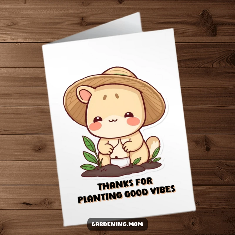Funny Free Printable Thank You Card showing a smiling gardener animal planting a bulb with care, sending thanks.