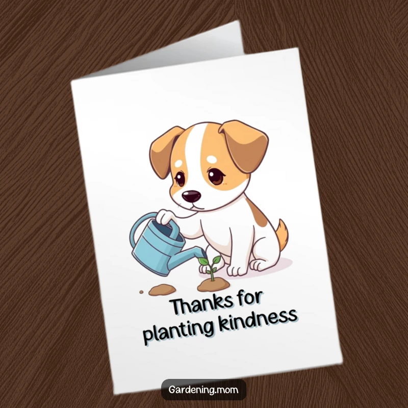 Funny free printable thank you card showing a dog gently watering a tiny sprout, symbolizing appreciation and growth.