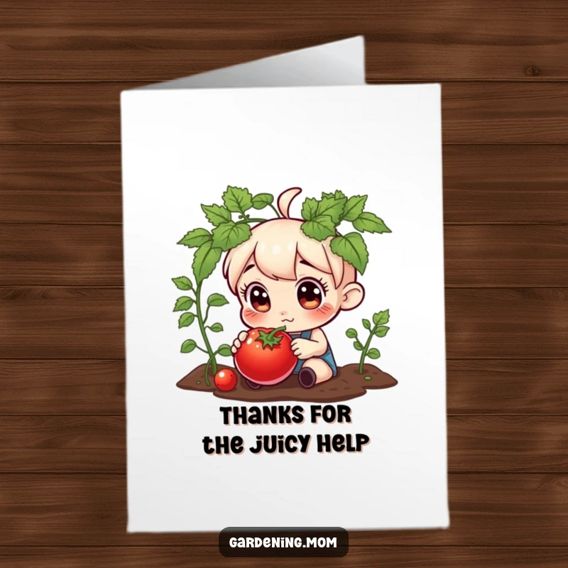 Funny Free Printable Thank You Card: A happy gardener examines a prized, plump tomato from their garden.