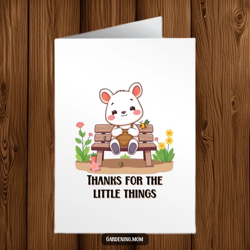 Funny Free Printable Thank You Card: a cheerful gardening animal sits on a bench, admiring a bug, sending thanks.