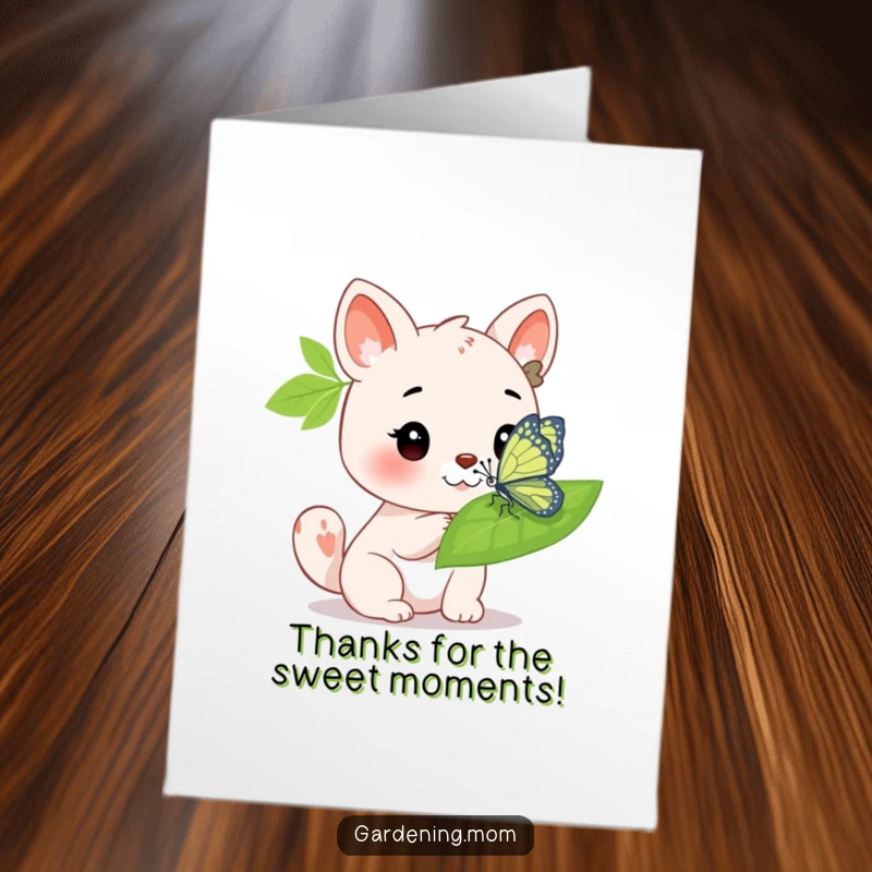Funny Free Printable Thank You Card: Animal Character Looking Admiringly at a Bright Butterfly on a Leaf