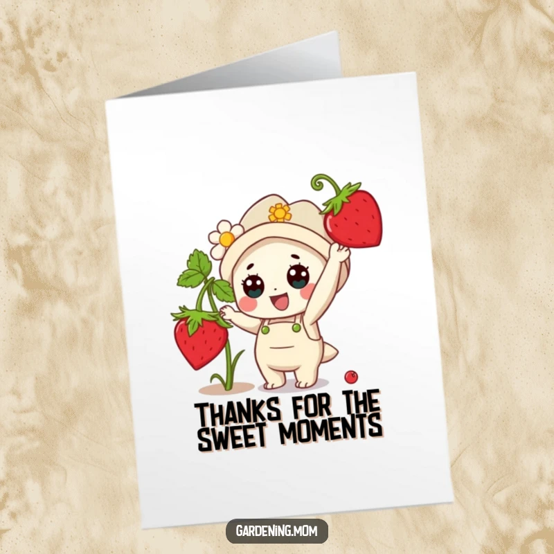 Funny Free Printable Thank You Card: Happy Kawaii gardener eagerly reaches for a ripe strawberry, expressing sweet gratitude and thanks.