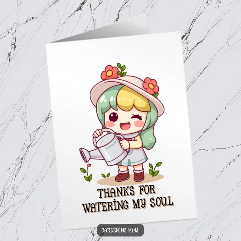 Funny Free Printable Thank You Card: Content Kawaii gardener happily clutches a watering can, offering a gesture of thoughtful appreciation and thanks.