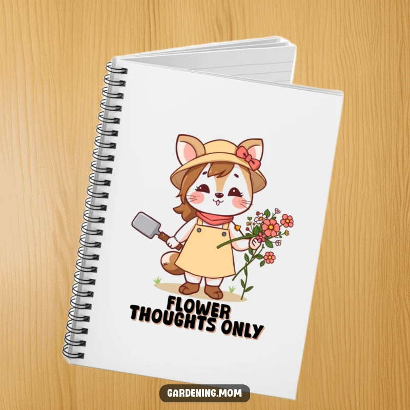 Funny notebook with a cute gardening mom animal holding a trowel and flowers, perfect for journaling garden plans and floral designs.