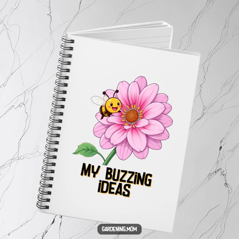 Funny notebook showcasing a happy bee buzzing around a giant blooming flower, perfect for journaling and notes.