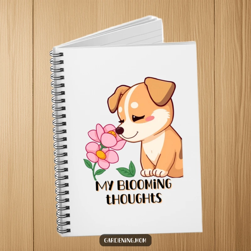 Funny dog admiring a blooming flower with pure delight, a lined notebook for writing, full of joy, funny gift.