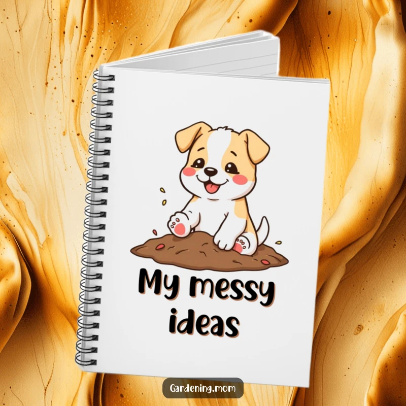 Funny notebook with a dog shaking soil from its paws with a satisfied wag, perfect for gardening notes.