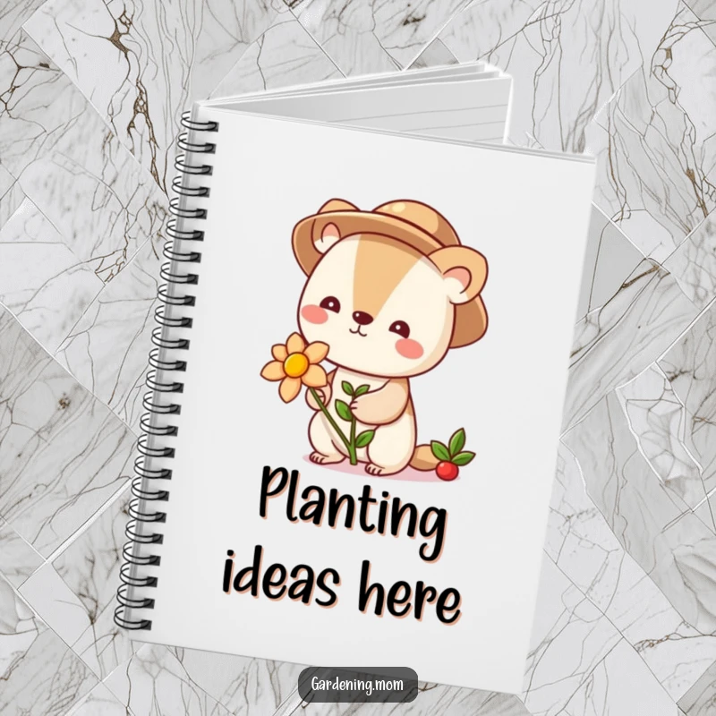 Funny cute animal character in a gardening hat holding a blooming flower, on the cover of a notebook for writing or drawing.