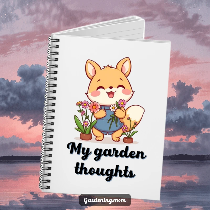Funny notebook with a joyful gardening animal character holding a gorgeous flower bouquet, inspiring creativity and smiles.