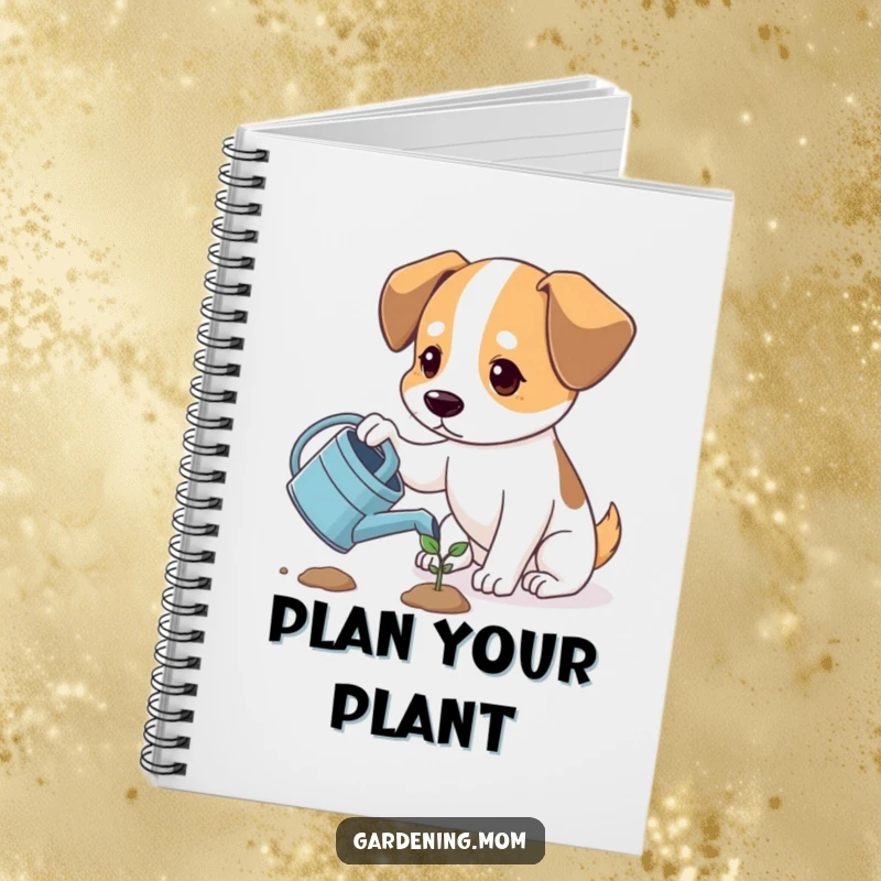 Funny dog watering a tiny sprout, looking hopeful, a lined notebook for writing, great funny gift.